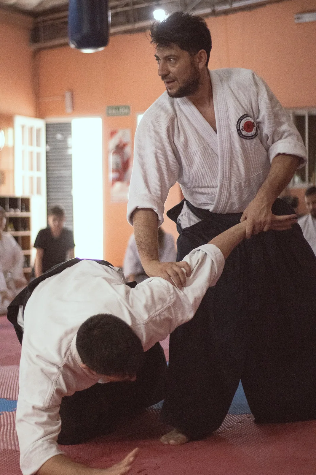Instructor de Aikidō aplica una técnica con un compañero en el tatami.